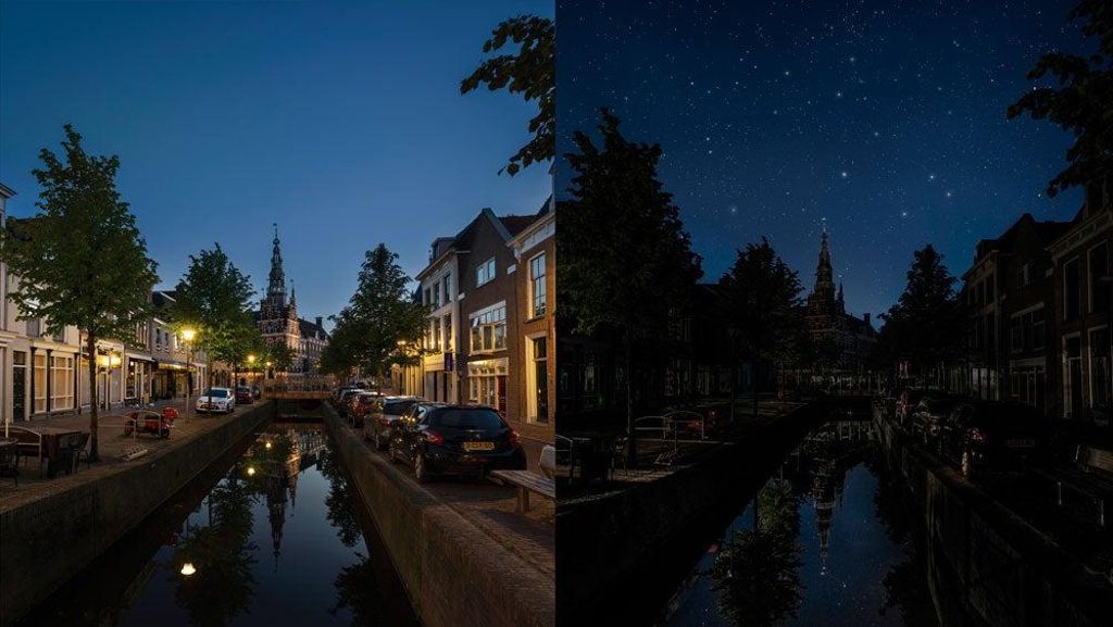 Comparativa entre luces encendidas y apagadas en Franeker.