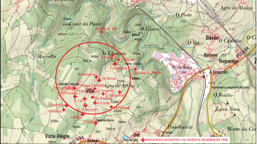 Localización de manantiais nos arredores da aldea de Vilar.