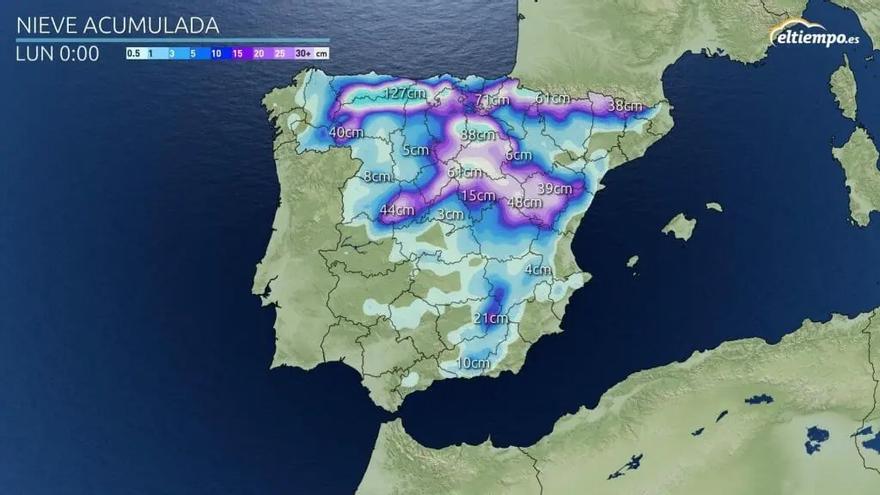 Previsió de neu acumulada, en cms, per a aquests dies