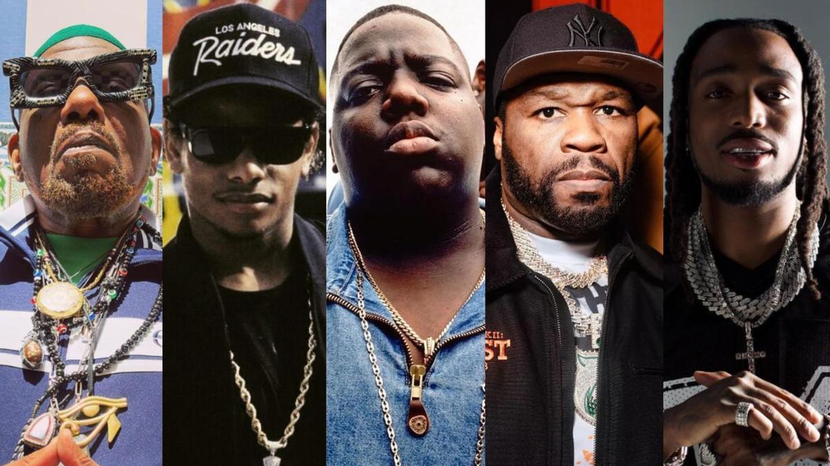 De izquierda a derecha: Afrika Bambaataa, Eazy E (N.W.A.), The Notorious B.I.G., 50 Cent y Quavo (Migos).