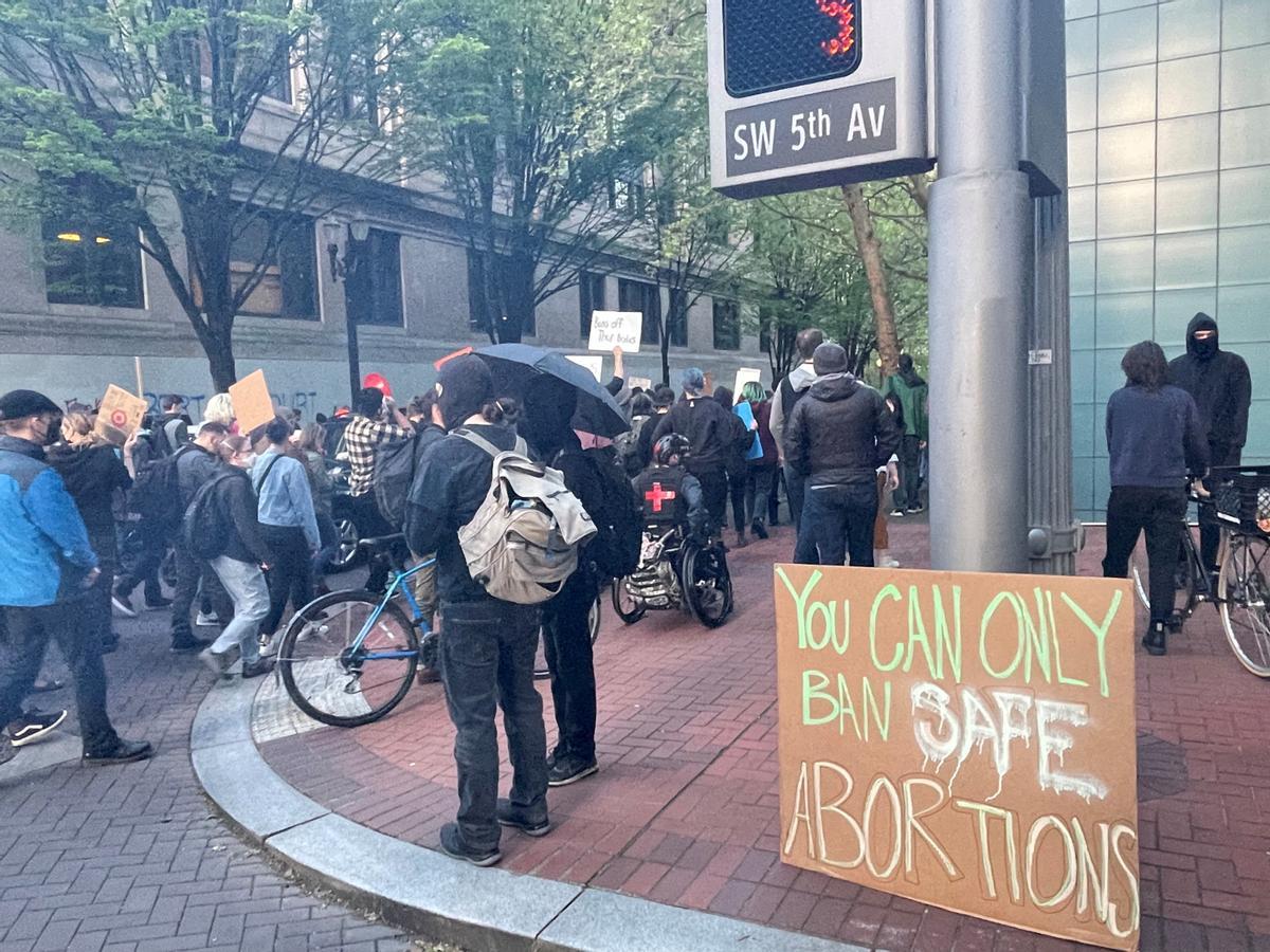 Protestors react to the leak of a draft U.S. Supreme Court majority opinion on abortion in Portland