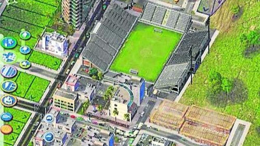 La idea de barrio y dotación deportiva se mantiene en este estadio diseñado por Luisa, Pablo y Adrián con el videojuego SimCity4.