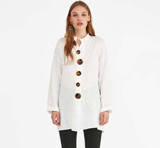 Camisa blanca lino botones, Zara