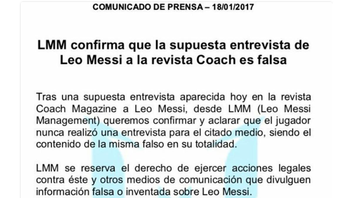 Comunicado de LMM sobre Leo Messi y 'Coach Magazine'
