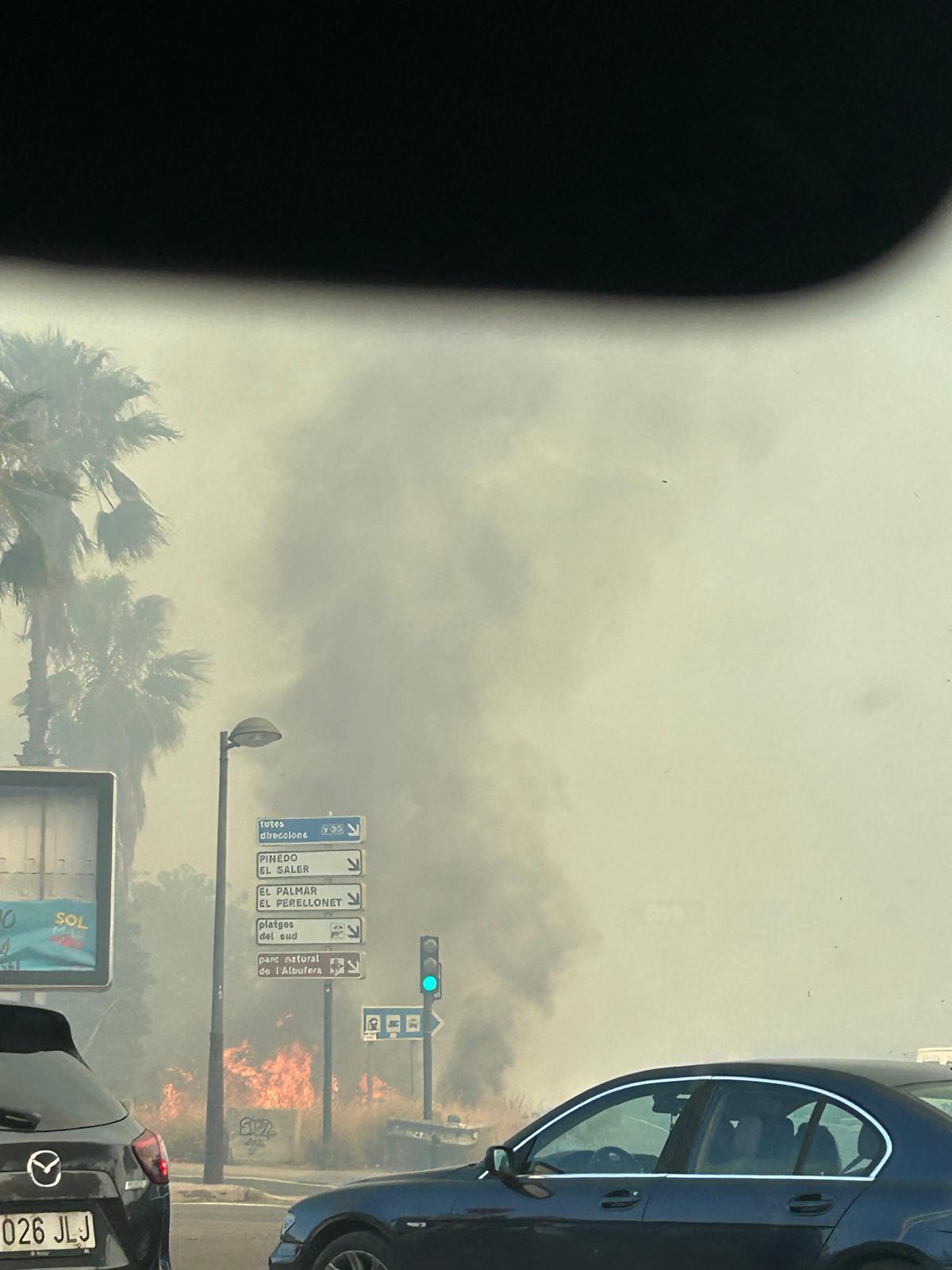 Un aparatoso incendio junto al Oceanogràfic y la autovía del Saler obliga a cortar el tráfico de entrada y salida a la ciudad