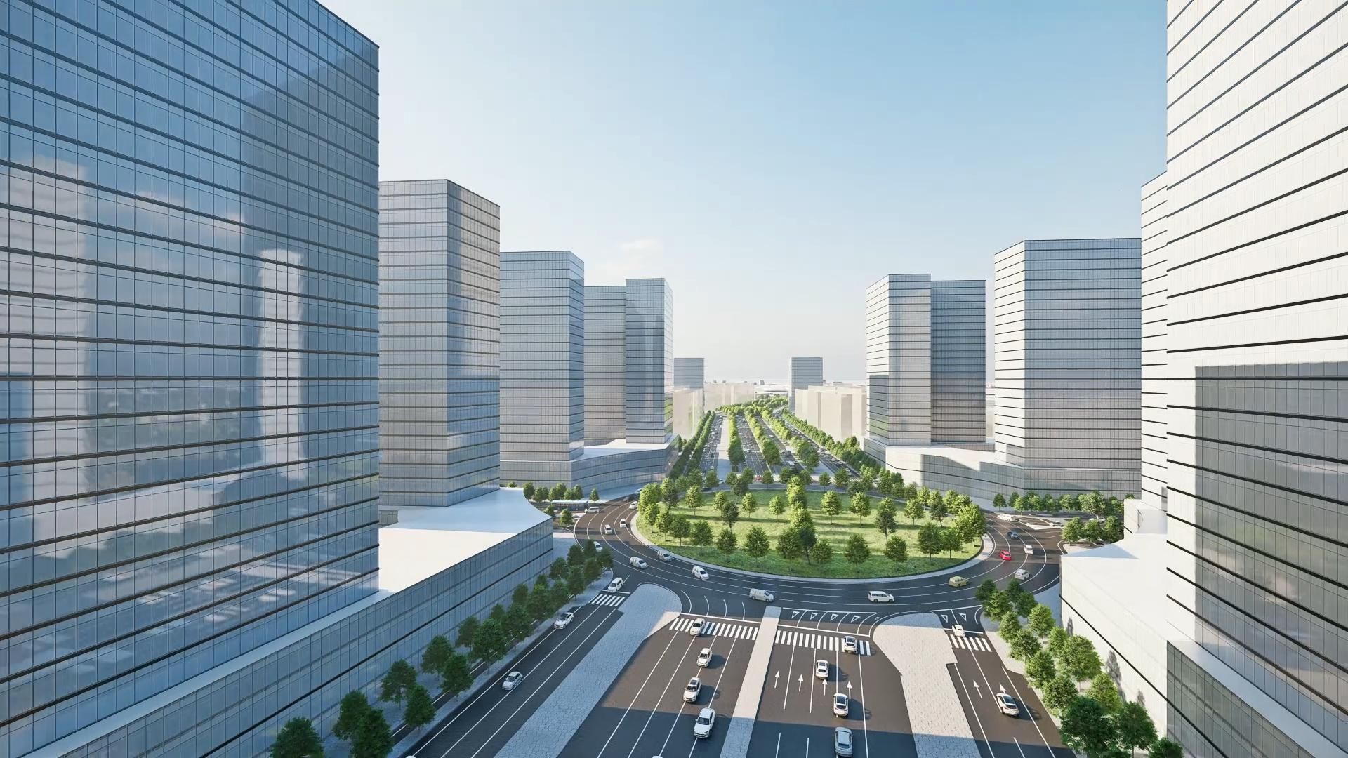 Una infografía del futuro desarrollo de Los Ahijones, con una autopista y edificios de oficina alrededor