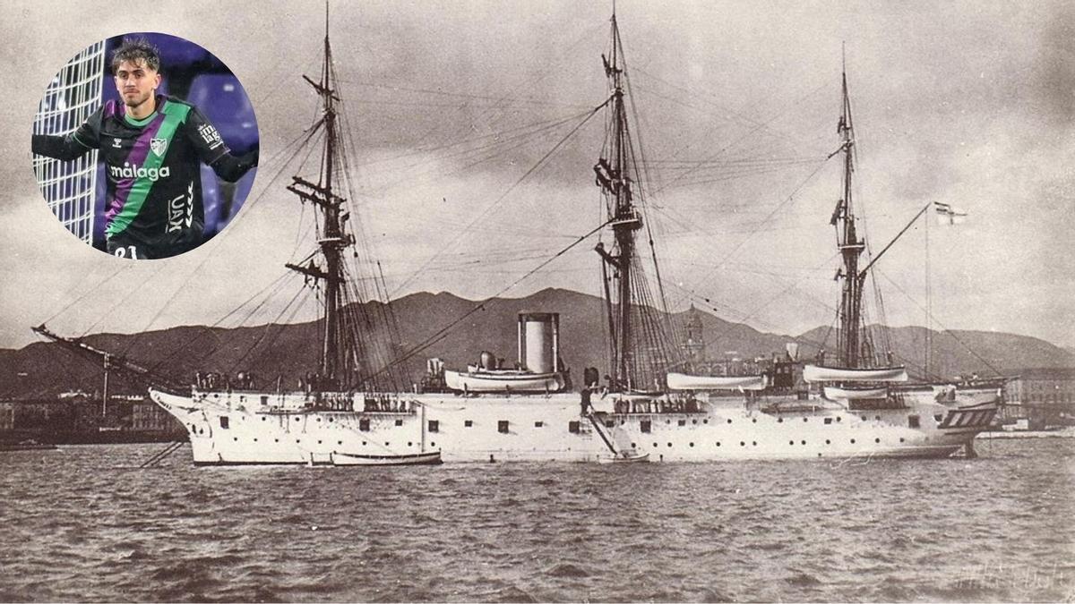 El Gneisenau, antes de su naufragio, y la segunda equipación del Málaga, usada en su último partido de Liga en Valladolid.