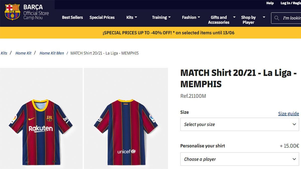 Captura de la tienda del Barça en la que aparece la camiseta de Depay