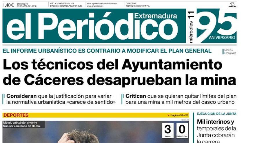 Esta es la portada de EL PERIÓDICO EXTREMADURA correspondiente al día 11 de abril del 2018