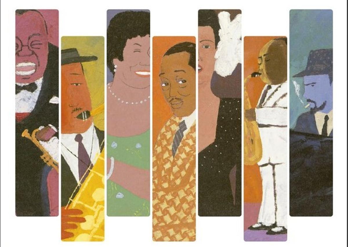 Detalle de las ilustraciones de Makoto Wada en la cubierta de 'Retrats en jazz', edición en catalán publicada por Empúries