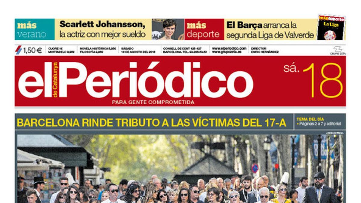 La portada de EL PERIÓDICO DE CATALUNYA del sábado, 18 de agosto del 2018