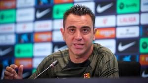 Xavi, en la sala de prensa de Sant Joan Despí este domingo.