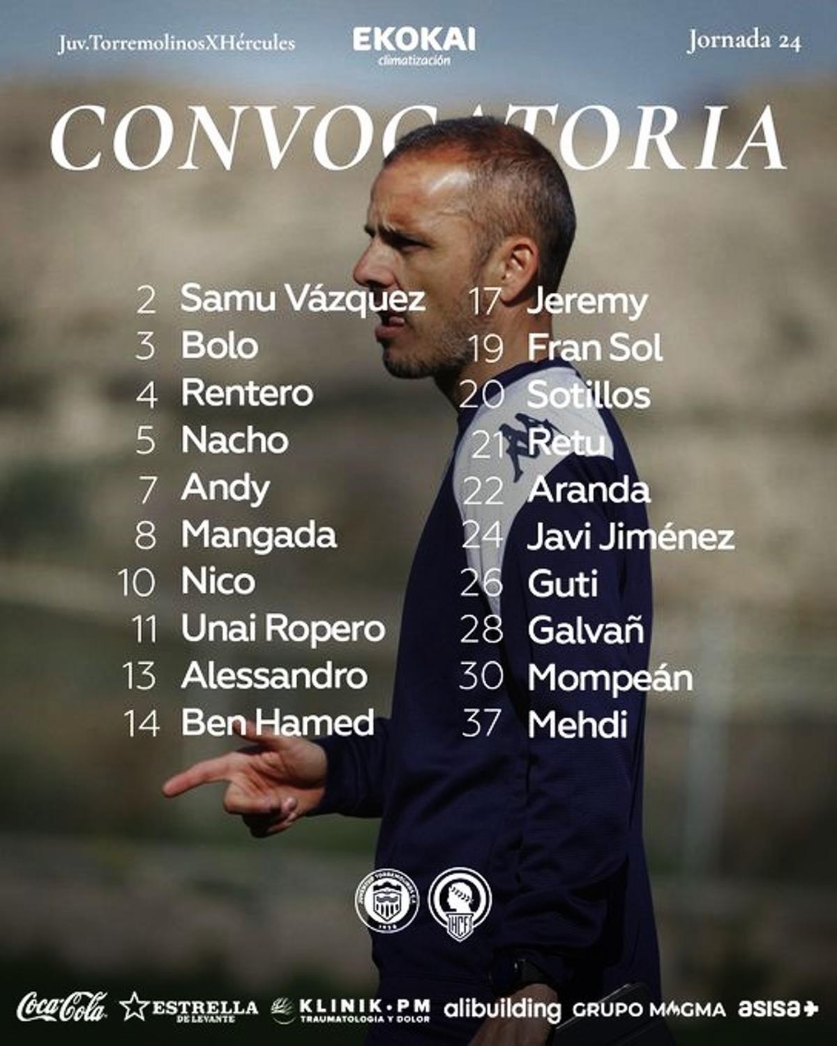 Convocatoriaa con los 20 futbolistas con los que el Hércules viaja a Torremolinos.