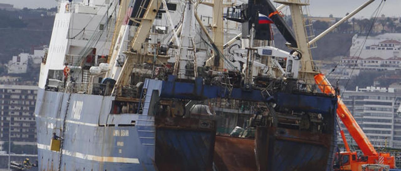 Una grúa con un brazo de 40 metros de longitud ayudó ayer a los soldadores a sellar las ocho ventanillas que el ´Admiral Shabalin´ tiene a babor.