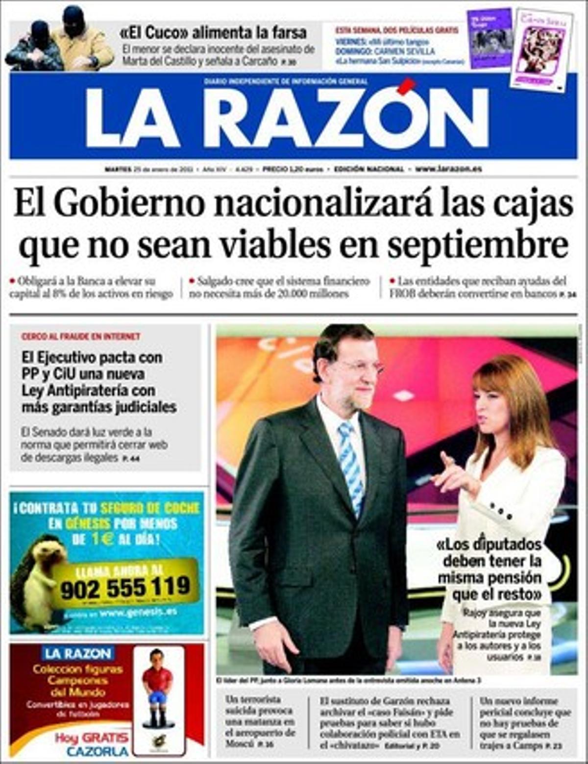 ’La Razón’ dóna rellevància a més al fet que un nou informe pericial diu que no es pot provar que es regalessin vestits a Francisco Camps; que Artur Mas organitza un acte de desafiament al Tribunal Suprem per barrar el pas al castell, i que la investigació del desfalc del Palau tindrà quatre jutges en dos anys.
