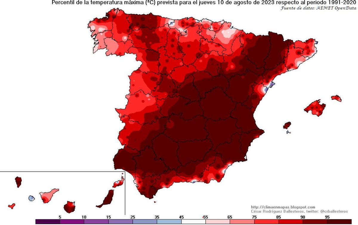 Porcentil de la temperatura máxima prevista para este jueves respecto al periodo 1991-2020.