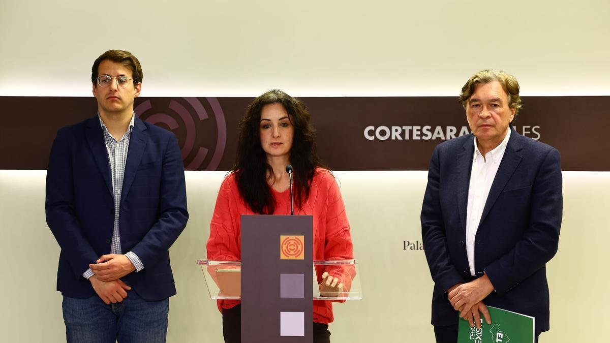 Jorge Pueyo (CHA), Marta Abengochea (IU-Sumar) y Tomás Guitarte (Teruel Existe), en la rueda de prensa conjunta este martes.