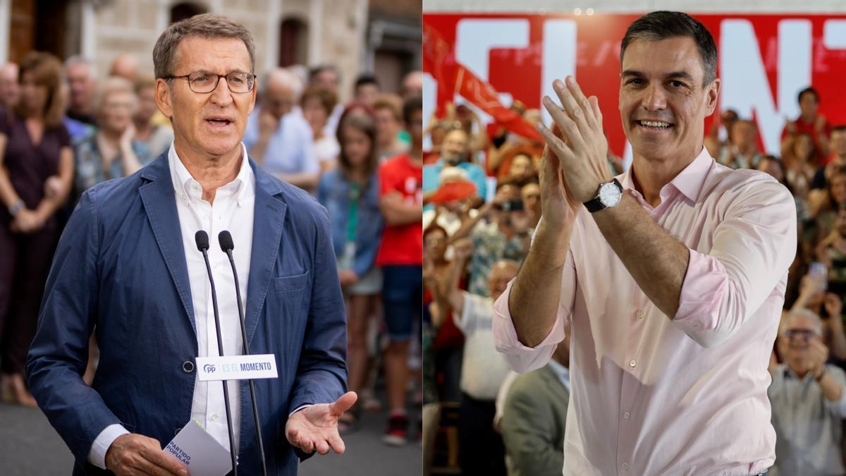 Alberto Núñez Feijóo y Pedro Sánchez, este jueves, en los últimos actos antes de que empiece oficialmente la campaña electoral esta medianoche.