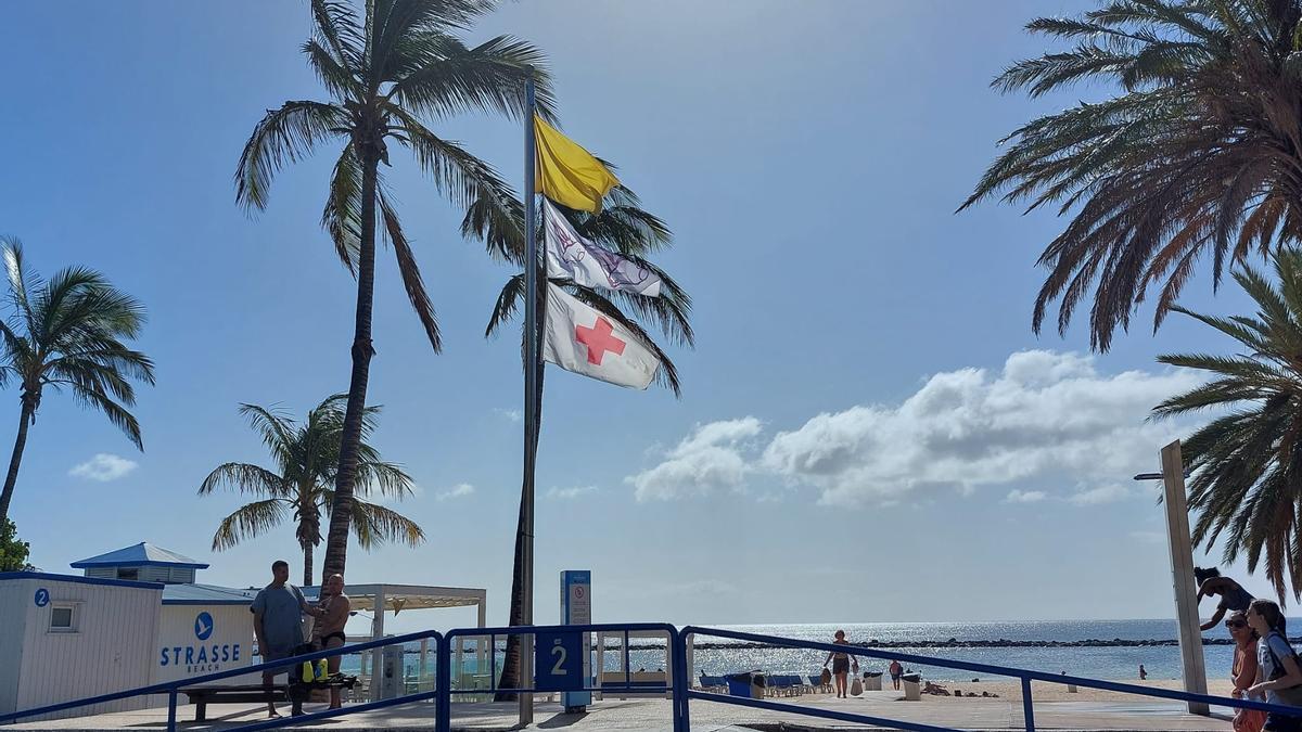 Bandera amarrilla izada en la playa de Las Teresitas por la presencia de medusas.