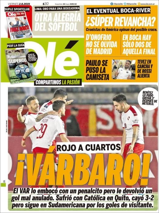 Portada OLÉ viernes 2 de agosto 2019