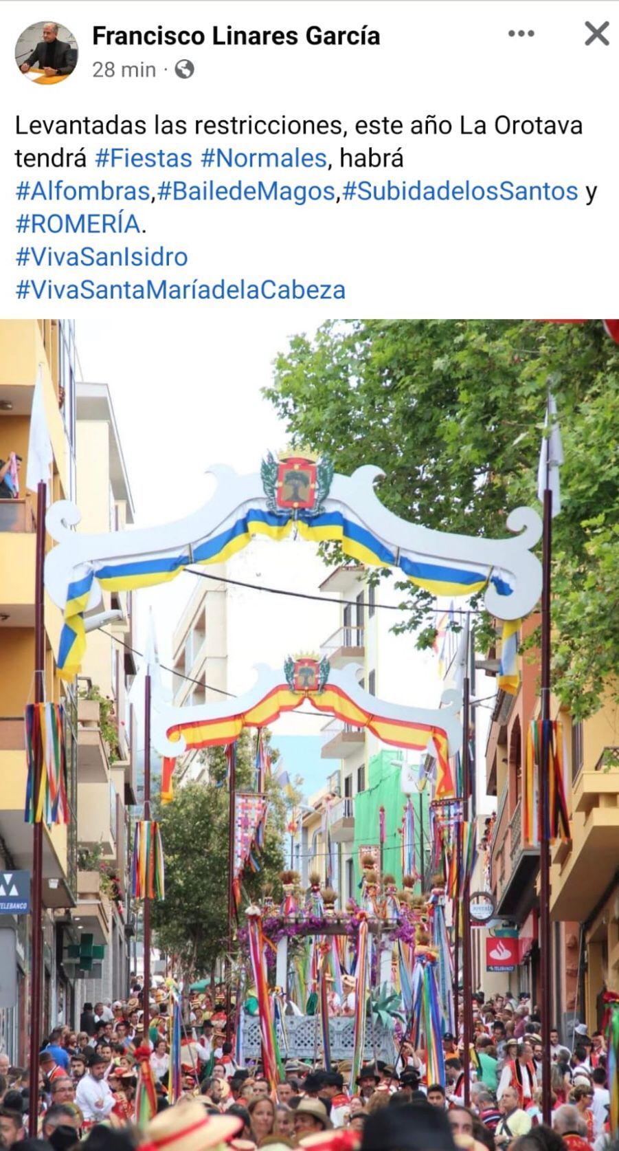 Anuncio de Francisco Linares en Facebook sobre las fiestas de La orotava en junio de 2022