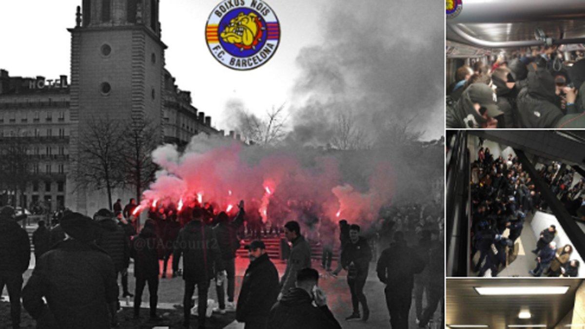 Imágenes del grupo de radicales seguidores del FC Barcelona en Lyon el pasado martes