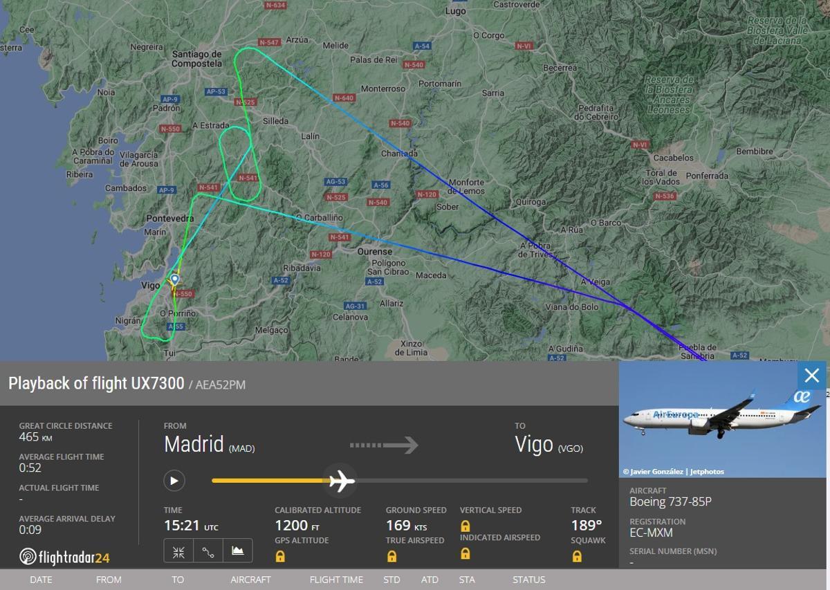 Itinerario del vuelo UX7300 de Air Europa este domingo, afectado por el temporal