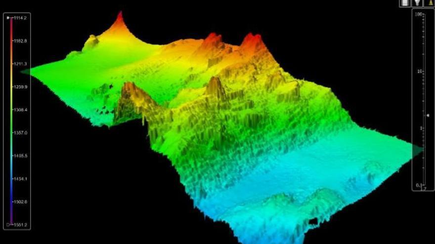 Modelo digital del terreno en 3D de los datos obtenidos con la ecosonda multihaz en la zona &quot;Punto deriva&quot; donde las zonas más profundas se representan con color azul y las más someras con color rojo.