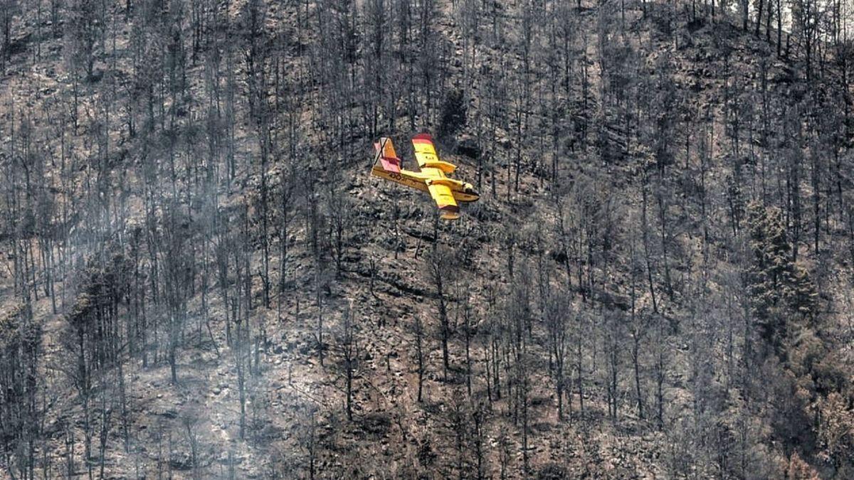 Un hidroavión sobrevuela las zonas quemadas en el reciente incendio forestal de Los Realejos.