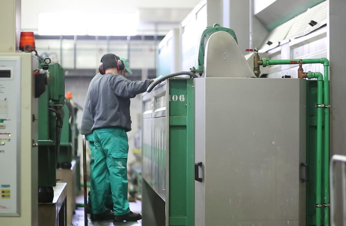 Dos operarios trabajan en una almazara de la Subbética. Aceite de oliva, AOVE, aceite