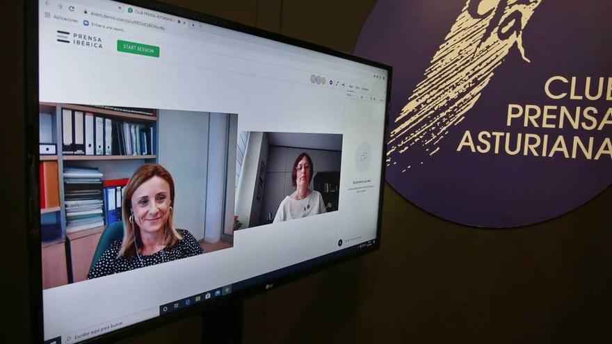 Belén Cabal y Ángeles Gómez, en la pantalla, durante la videoconferencia de ayer.