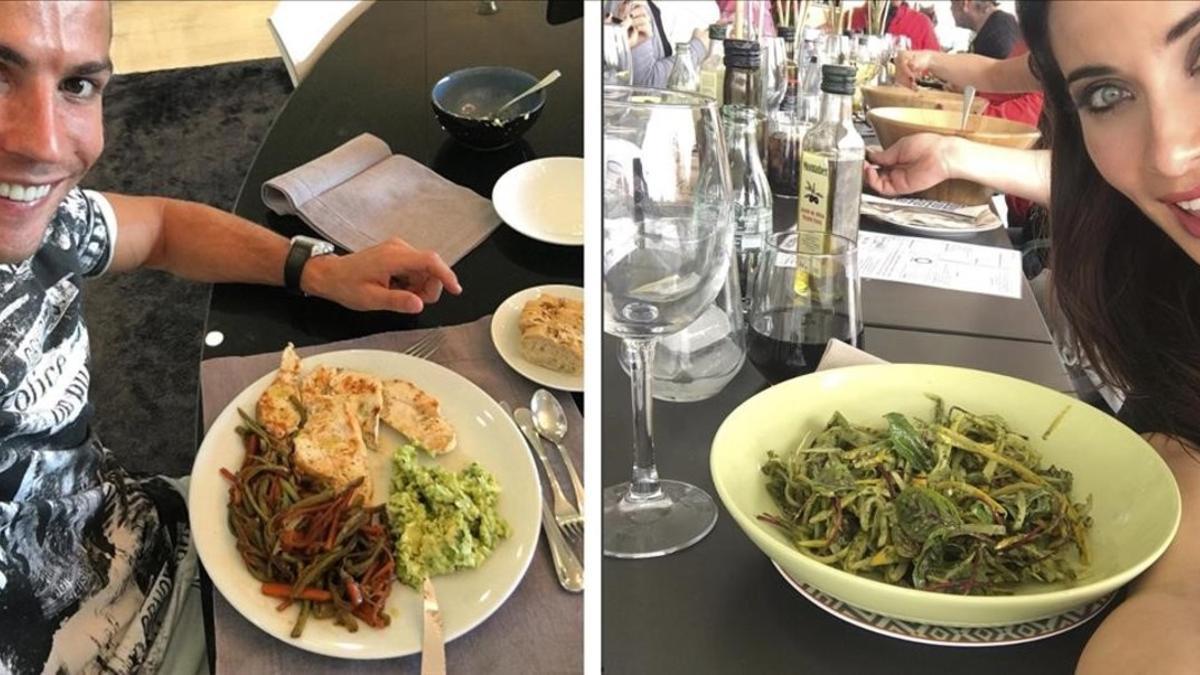 Cristiano Ronaldo y Pilar Rubio exhibiendo delicias culinarias en Instagram.