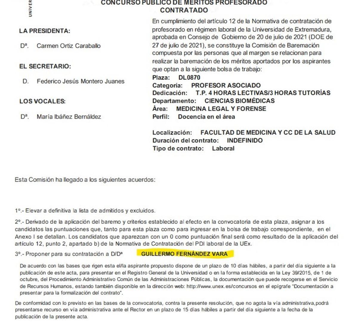 Documento publicado por la UEx.