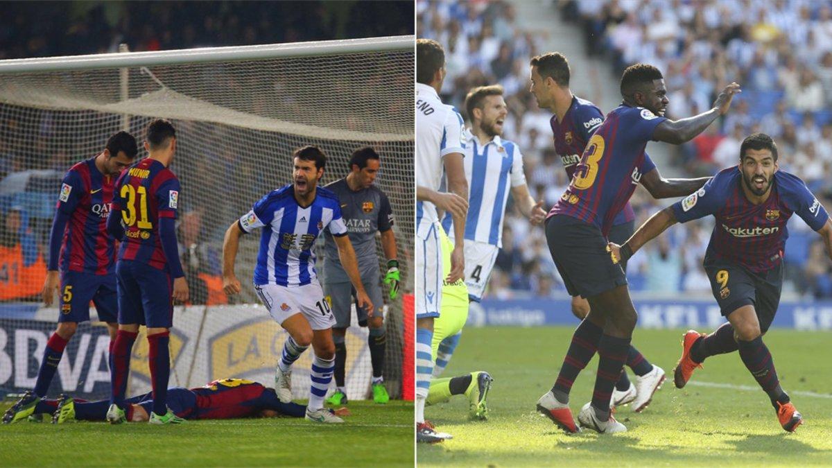 Izquierda: Xabi Prieto celebra el gol del triunfo (1-0) de la Real Sociedad el 4 de enero de 2015. Derecha: Luis Suárez celebra el primer gol de la victoria (1-2) del Barça en Anoeta el 15 de septiembre de 2018