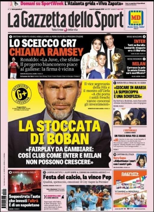 Portada GAZZETTA DELLO SPORT viernes 4 enero 2018