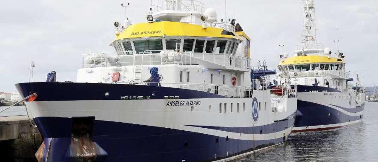 Los buques &quot;Ángeles Alvariño&quot; y &quot;Ramón Margalef&quot;, amarrados ayer en el puerto de Vigo. // José Lores