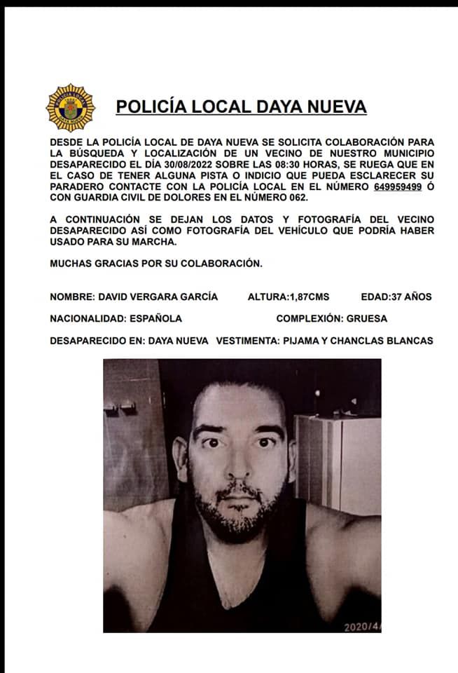 El cartel de búsqueda difundido por la Policía Local de Daya Nueva.