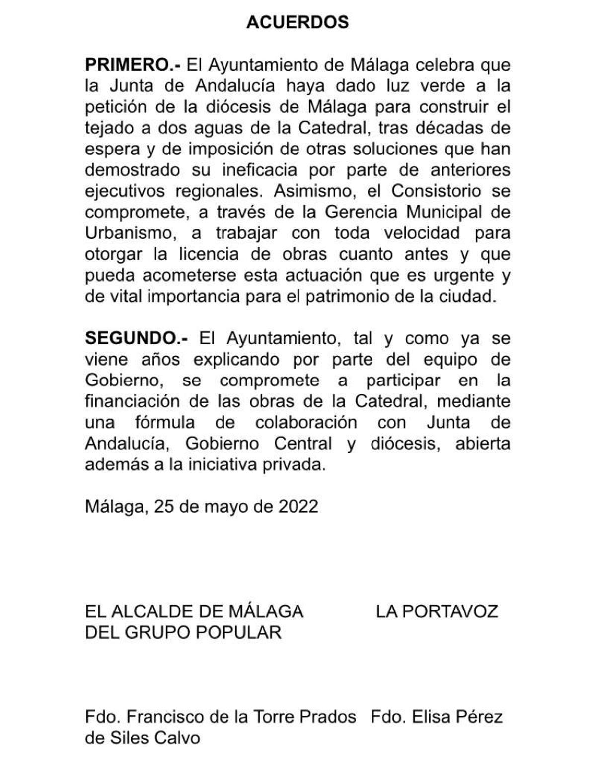 Moción del PP sobre la reforma del tejado de la Catedral de Málaga.