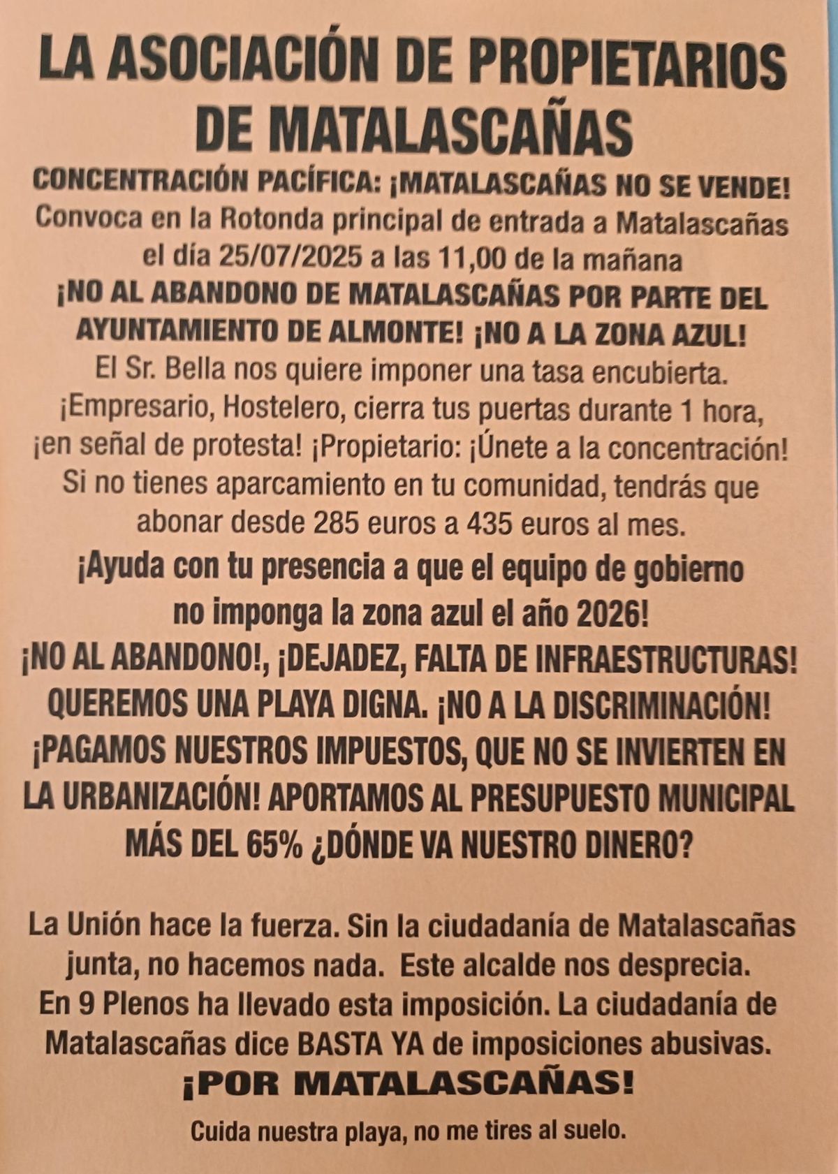Anuncio de la concentración de protesta en Matalascañas.