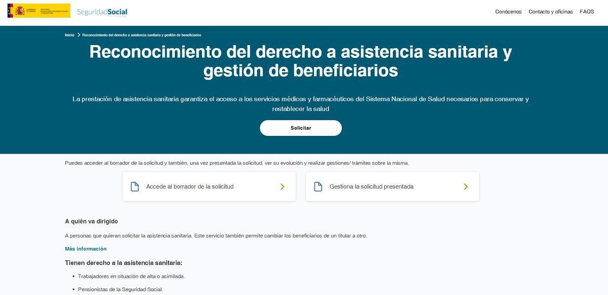 Imagen de la web de la Seguridad Social en el apartado para incluir a beneficiarios