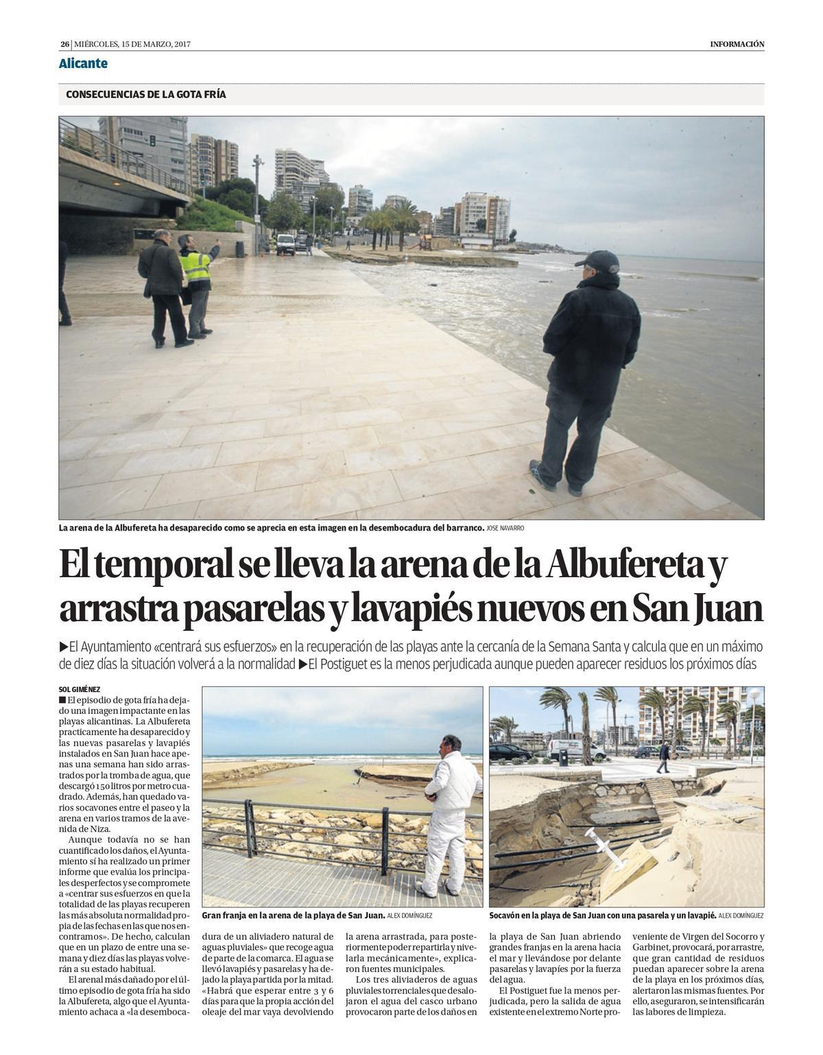La playa de la Albufereta tras uno de los temporales en marzo de 2017.