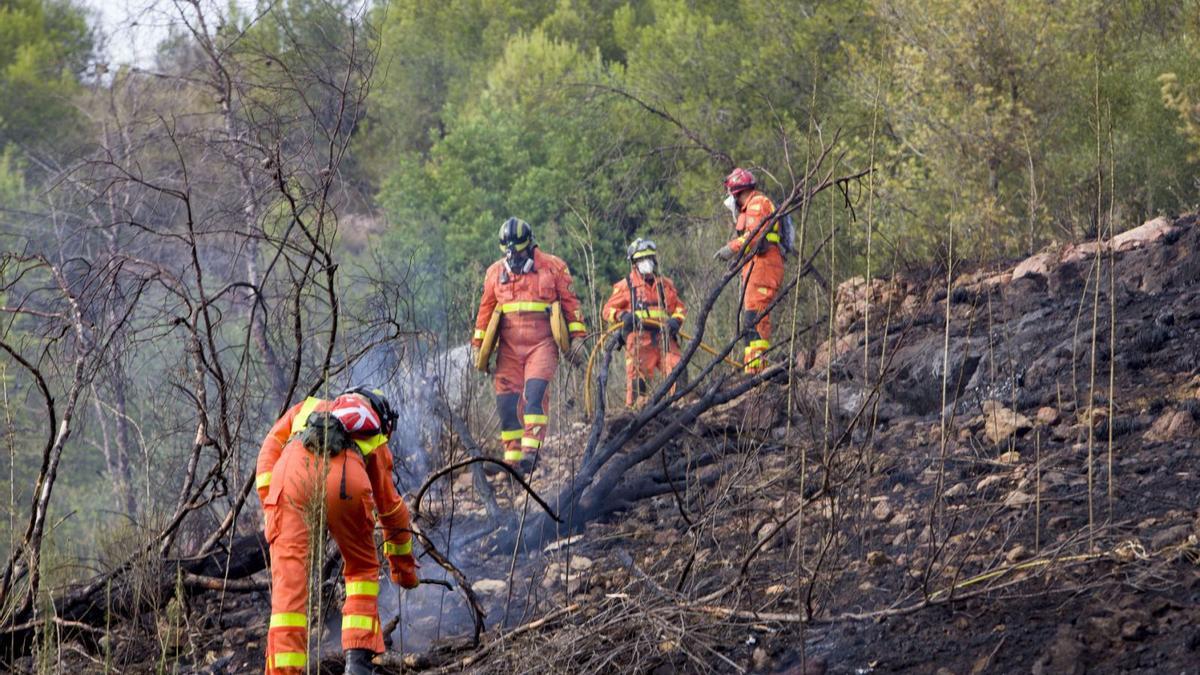Los bomberos en labores de extinción en un incendio forestal en l’Énova, en una imagen de archivo. | PERALES IBORRA