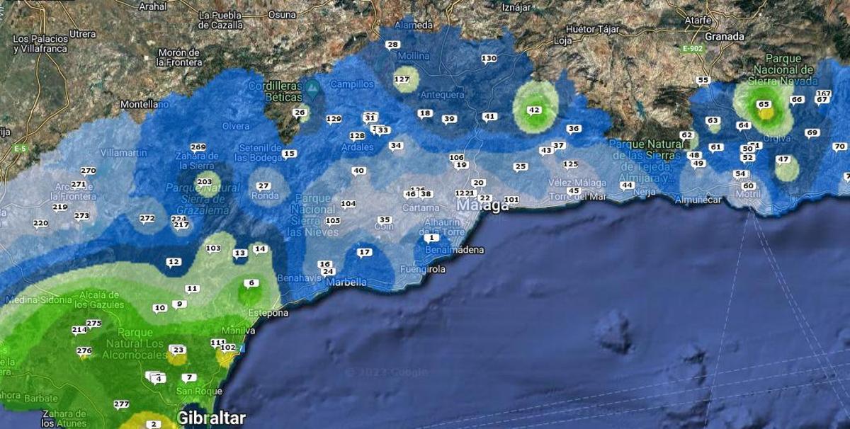 Mapa con la pluviometría registrada este martes, según los datos de las estaciones de Hidrosur.
