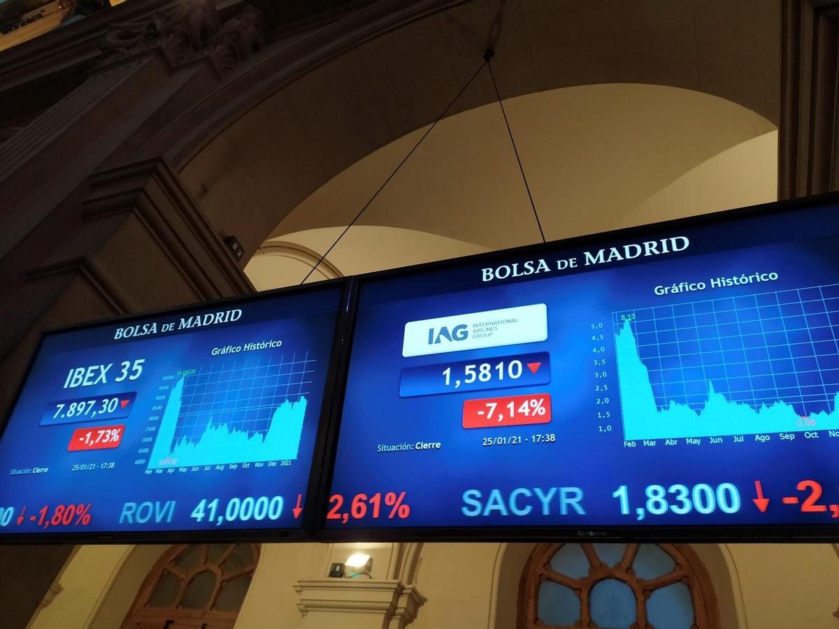 Una pantalla muestra valores bursátiles en la Bolsa de Madrid, en una imagen de archivo. 