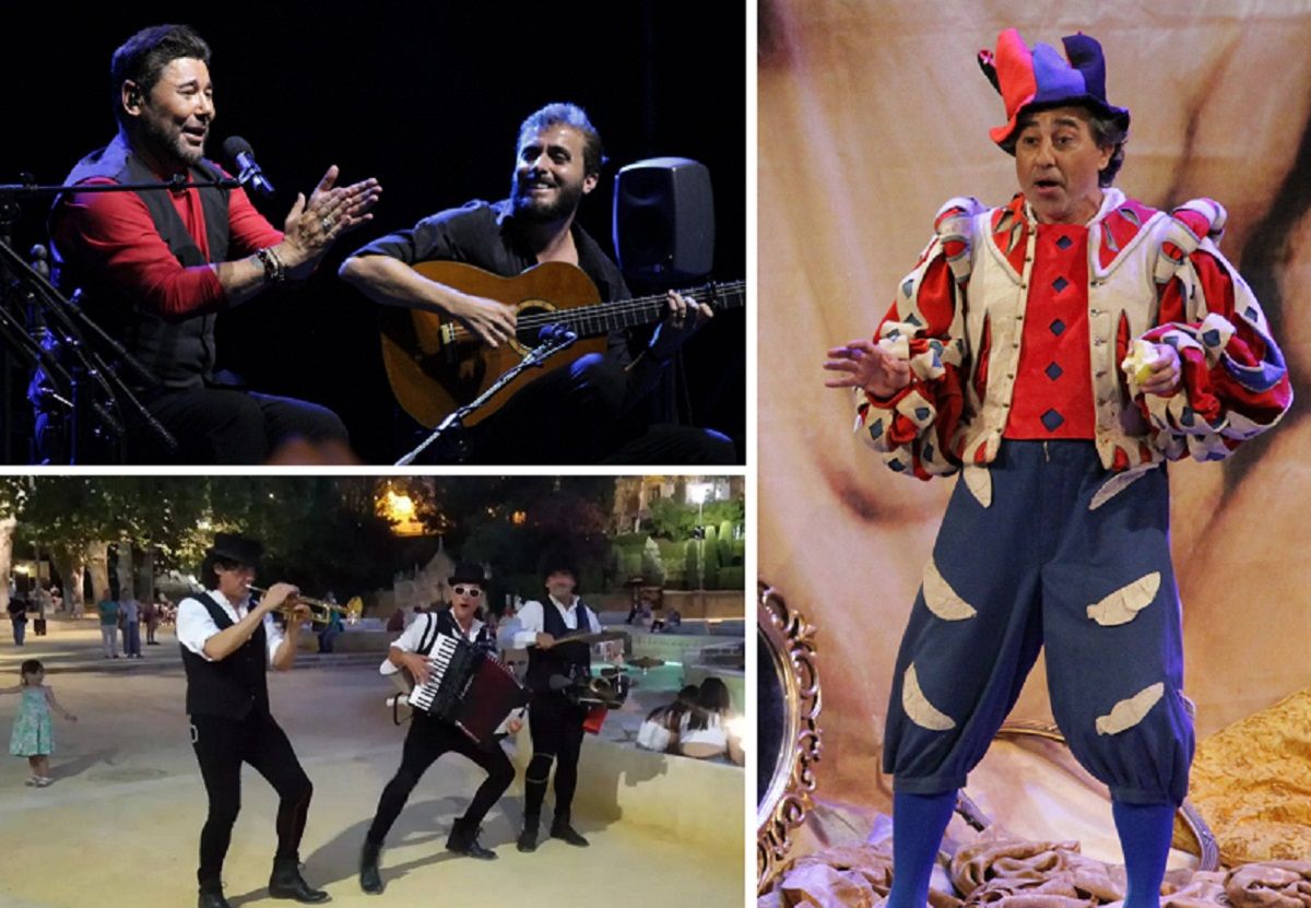 Miguel Poveda, el barítono Marco Moncloa y uno de los grupos del festival en la calle.