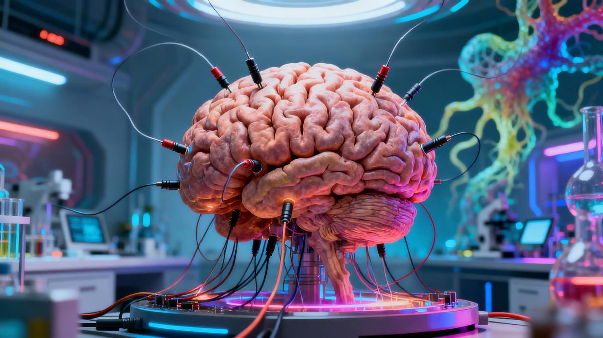 Representación artística de una biocomputadora compuesta por células cerebrales humanas conectadas a electrodos en un laboratorio futurista. La imagen simboliza la convergencia entre biología y computación en la frontera de la inteligencia artificial.