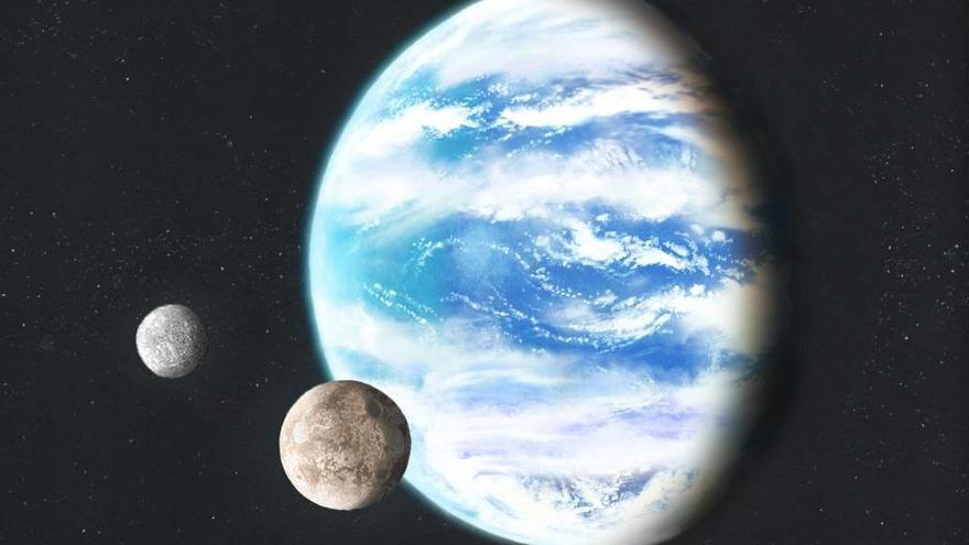 Impresión artística de un hipotético planeta oceánico con una atmósfera terrestre y dos satélites.