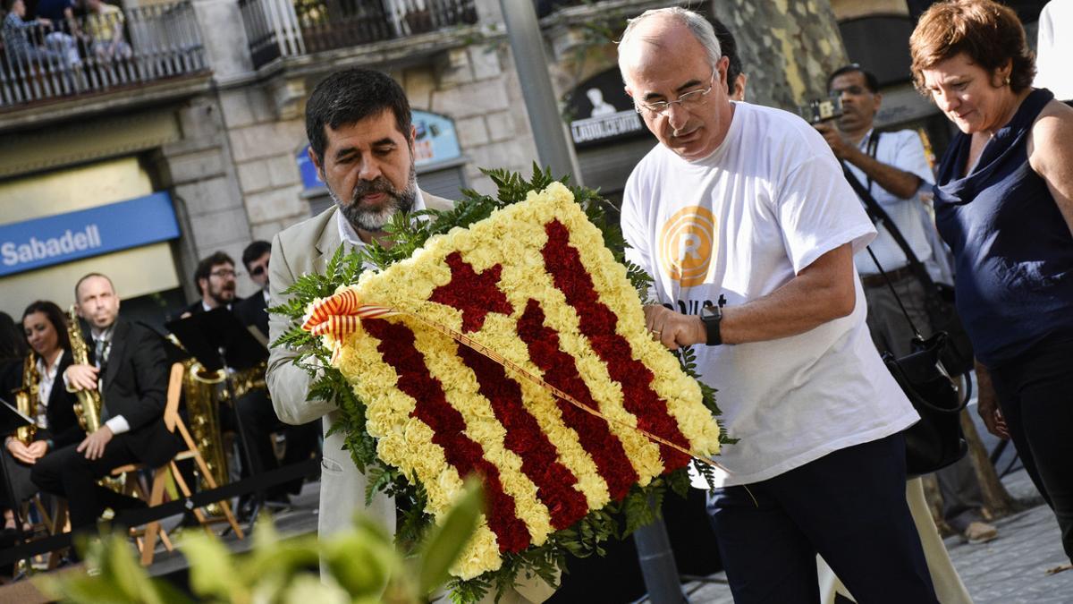 Jordi Sànchez, presidente de la ANC, en la ofrenda floral al monumento a Rafael Casanova.