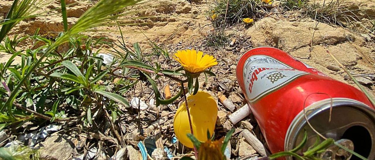 Una cavidad de Cala Cantalar acumula cientos de colillas, botellas de cristal hechas pedazos, latas y otros plásticos desde hace al menos seis meses. |