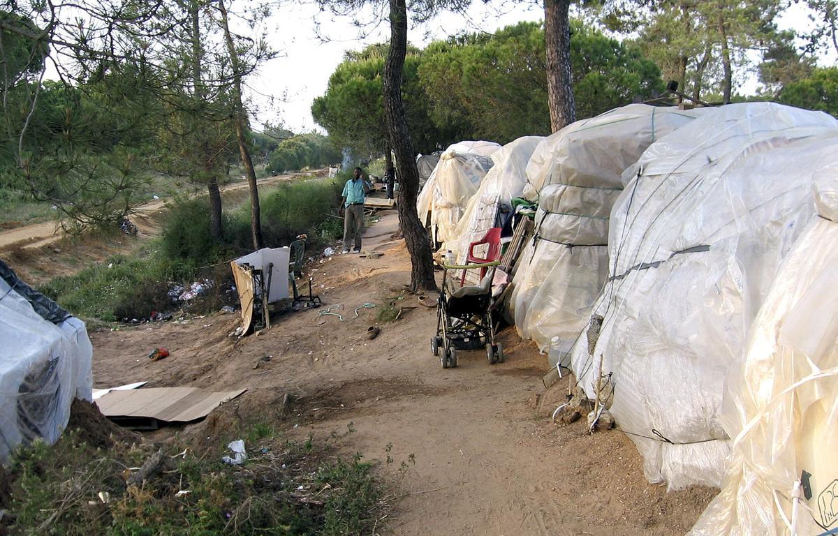 LEP1. LEPE (HUELVA),10/05/08.- Más de 200 inmigrantes africanos de distintas nacionalidades han construido una &quot;mini ciudad&quot; a las afueras de Lepe (Huelva), hecha con chabolas de plástico, donde viven gracias a los trabajos esporádicos que realizan a pesar de no tener documentación legal para residir en España. Los primeros inmigrantes llegaron a este campamento a finales del pasado febrero, y montaron unas cuantas chabolas de cartón y plástico, aunque ahora el número se ha multiplicado, y son ya decenas las que se acumulan en línea recta en el lateral de un campo y en paralelo al antiguo trazado del ferrocarril, en desuso en la zona desde 1987.EFE/Fermín Cabanillas